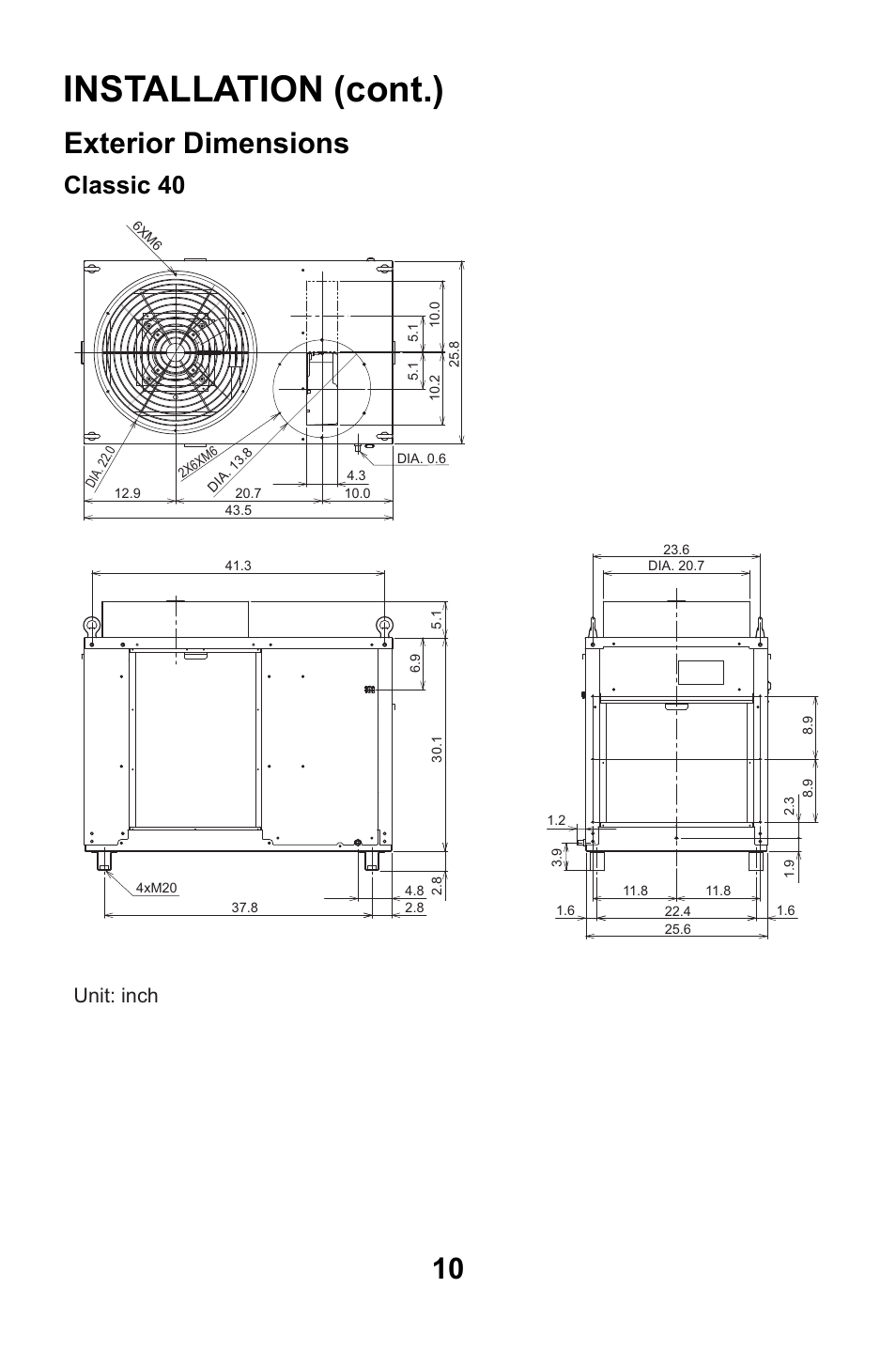 Exterior dimensions, Installation (cont.), Classic 40 | Unit: inch | MovinCool Classic 40 User Manual | Page 10 / 46