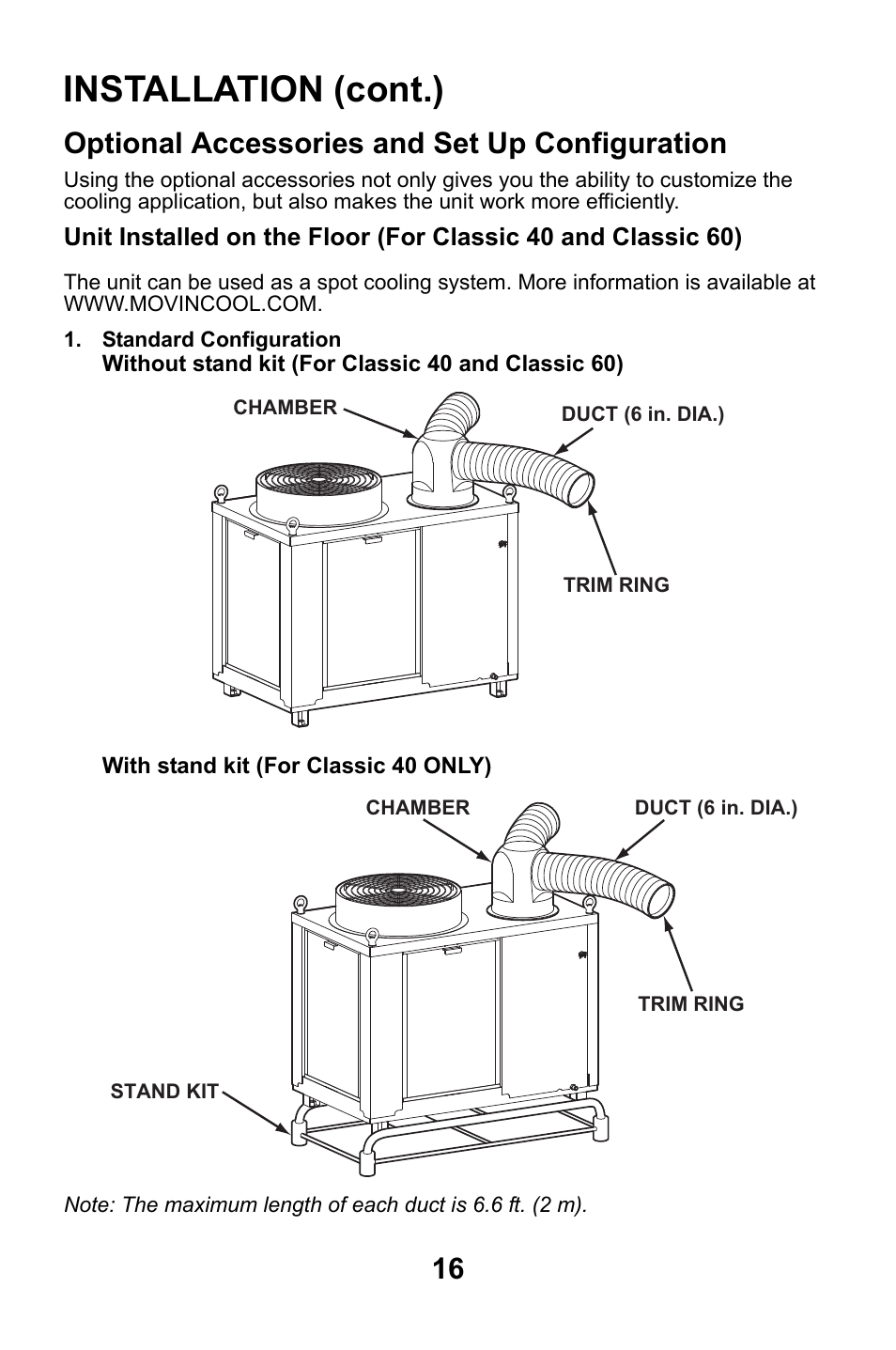 Optional accessories and set up configuration, Installation (cont.) | MovinCool Classic 40 User Manual | Page 16 / 46