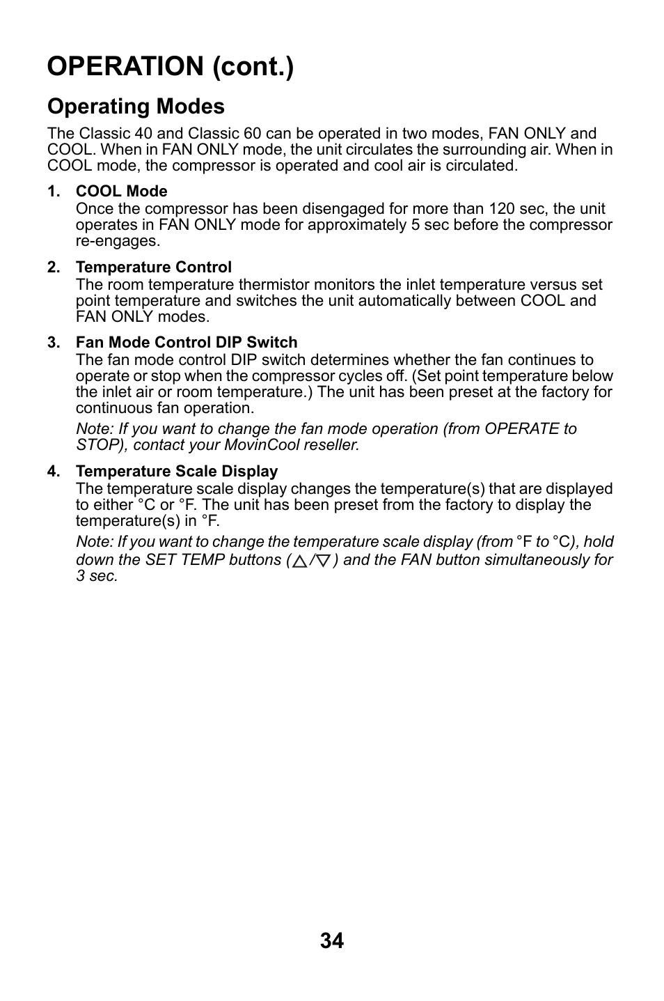 Operating modes, Operation (cont.) | MovinCool Classic 40 User Manual | Page 34 / 46