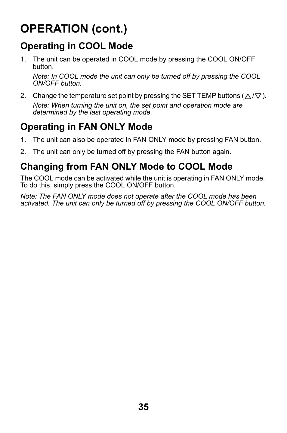 Operating in cool mode, Operating in fan only mode, Changing from fan only mode to cool mode | Operation (cont.) | MovinCool Classic 40 User Manual | Page 35 / 46