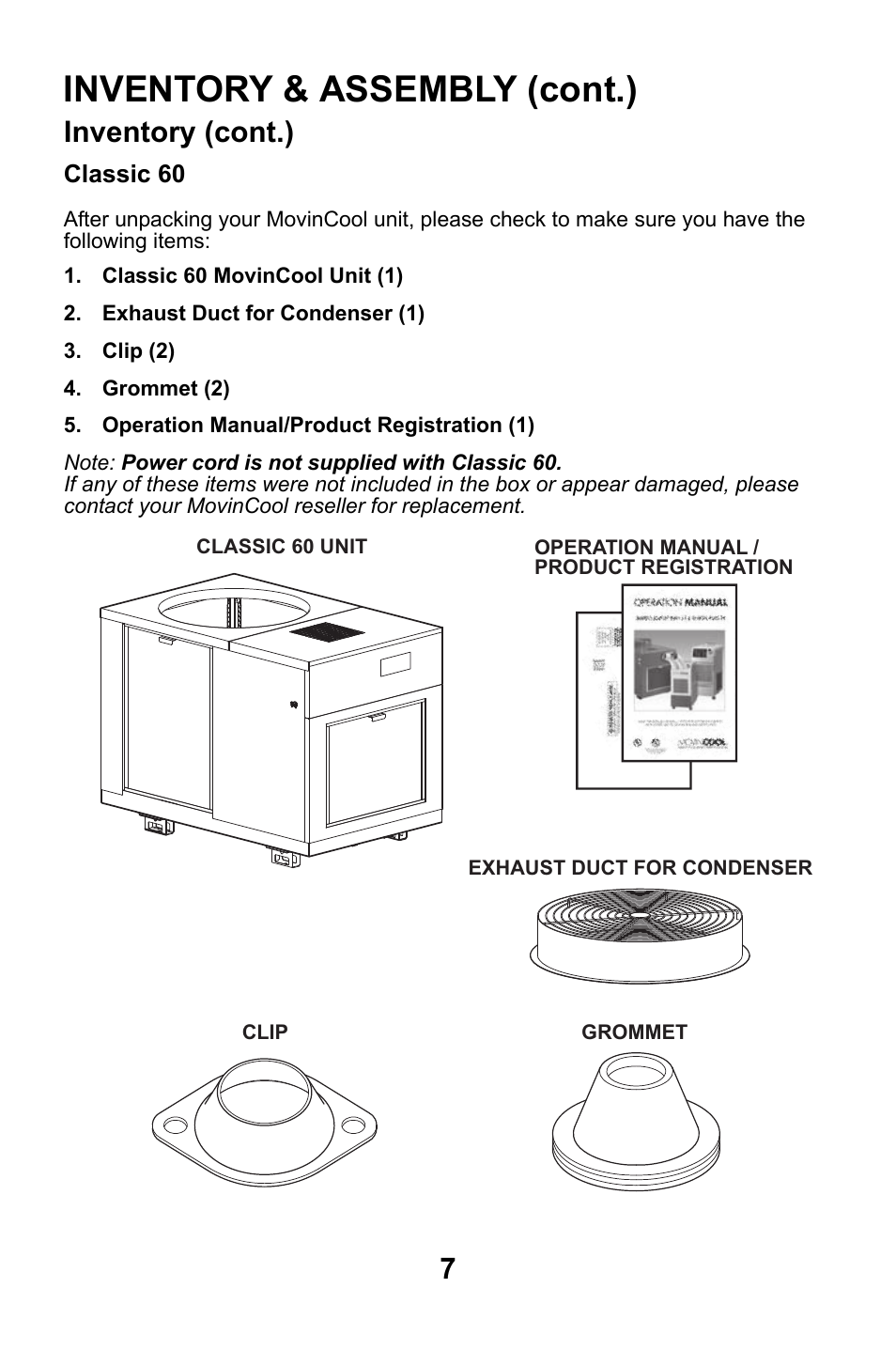 Inventory & assembly (cont.), Inventory (cont.) | MovinCool Classic 40 User Manual | Page 7 / 46