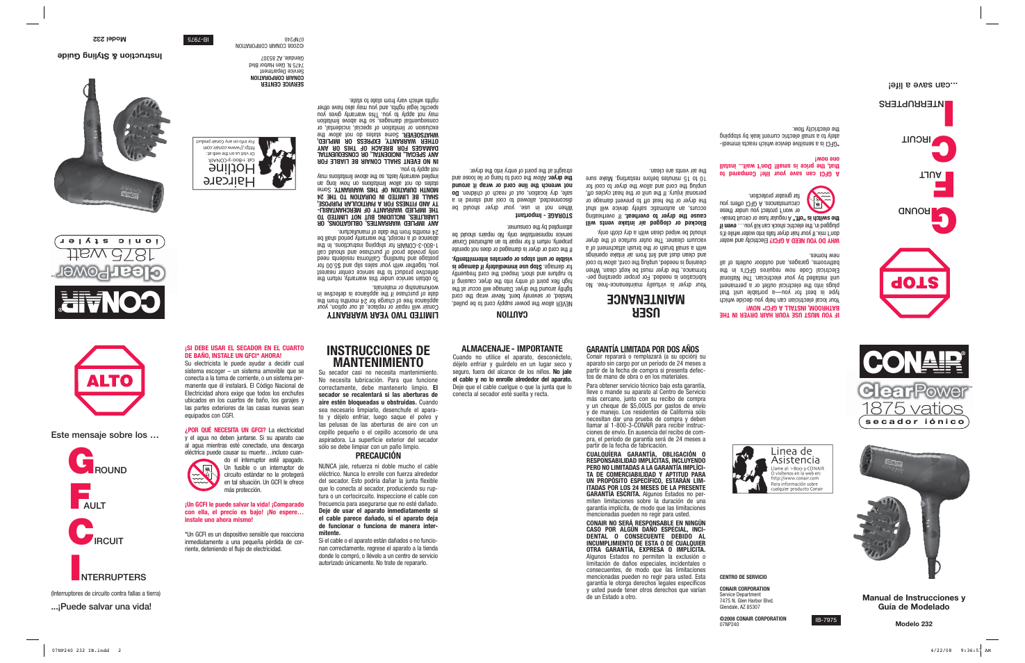 1875 vatios, 1875 watt, Instrucciones de mantenimiento | User maintenance | Conair 232 User Manual | Page 2 / 2