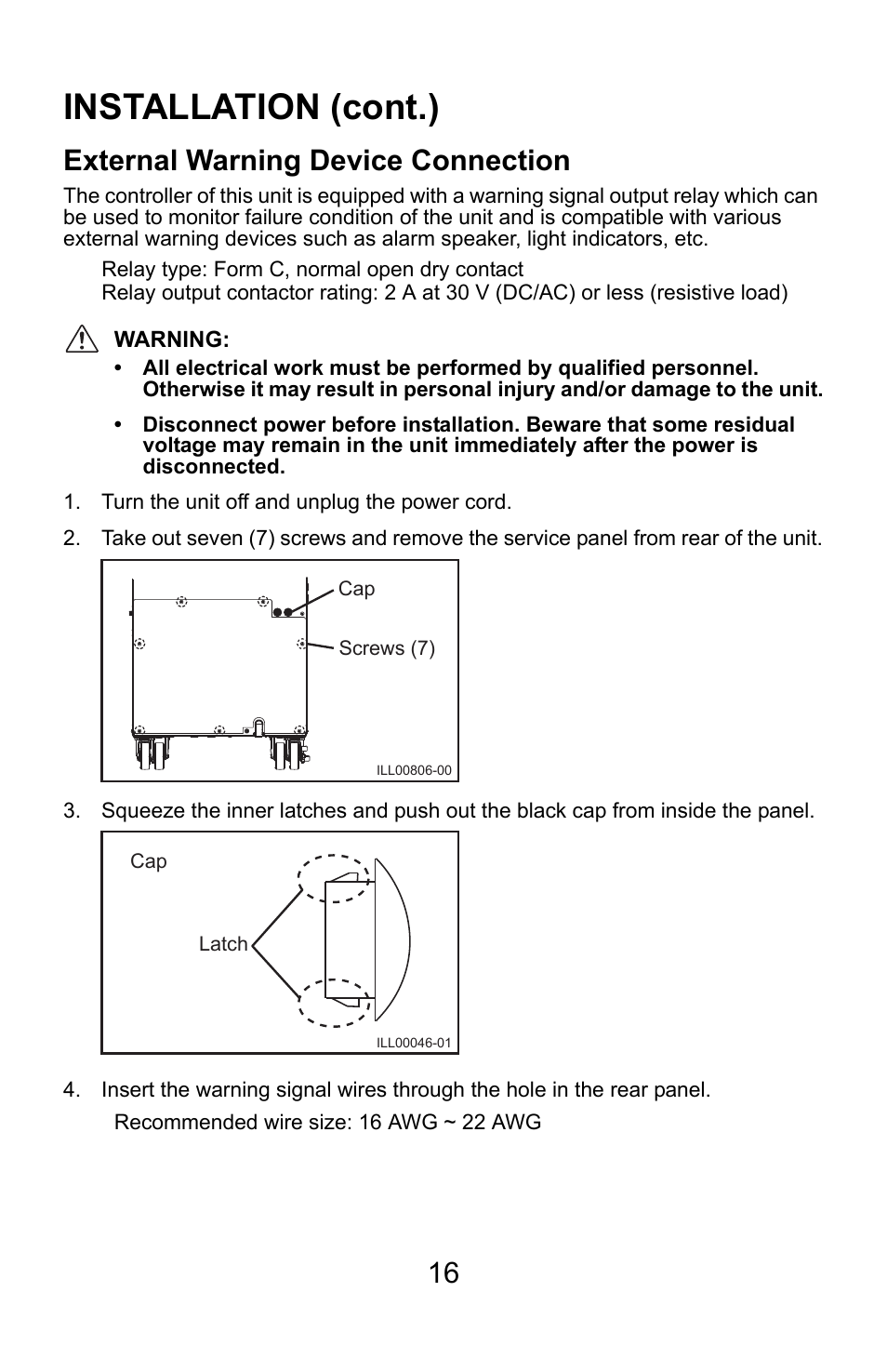 Installation (cont.), External warning device connection | MovinCool Climate Pro 18 User Manual | Page 16 / 52