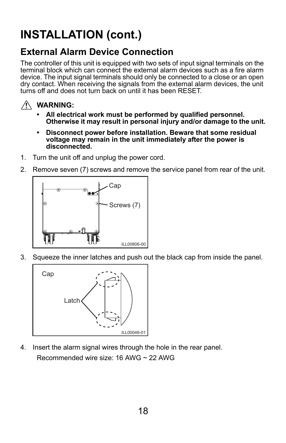 Installation (cont.), External alarm device connection | MovinCool Climate Pro 18 User Manual | Page 18 / 52