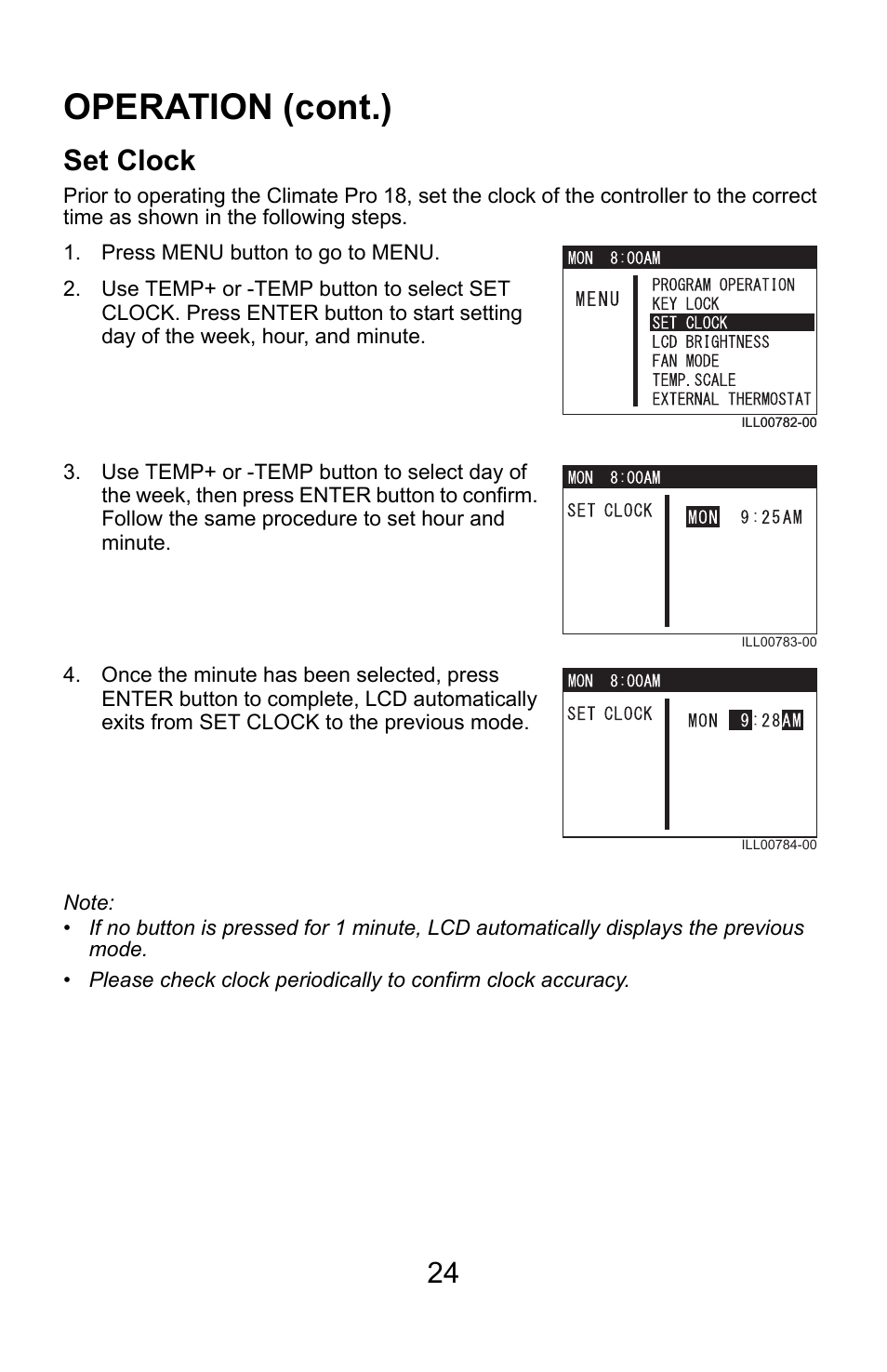 Operation (cont.), Set clock | MovinCool Climate Pro 18 User Manual | Page 24 / 52