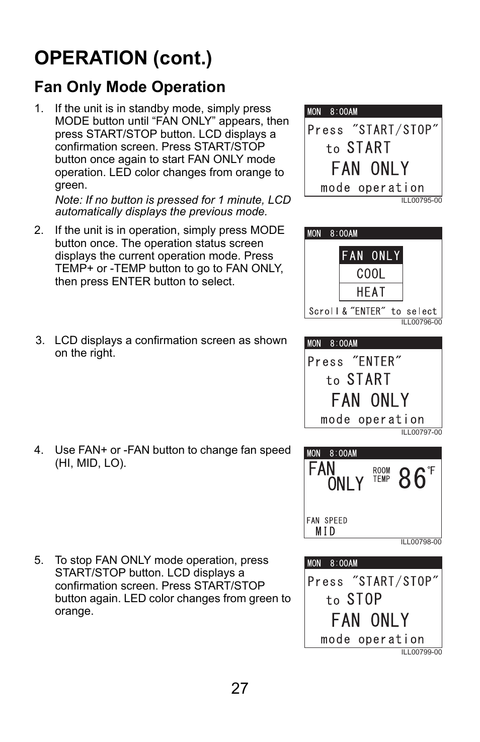 Operation (cont.), Fan only mode operation | MovinCool Climate Pro 18 User Manual | Page 27 / 52