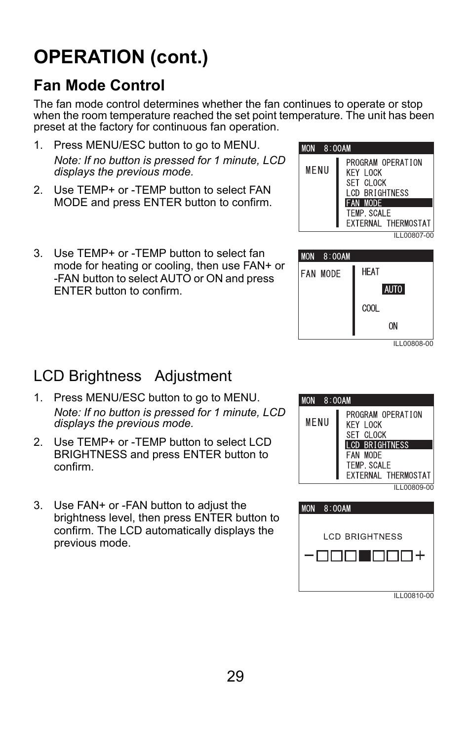 Operation (cont.), Fan mode control, Lcd brightness adjustment | MovinCool Climate Pro 18 User Manual | Page 29 / 52