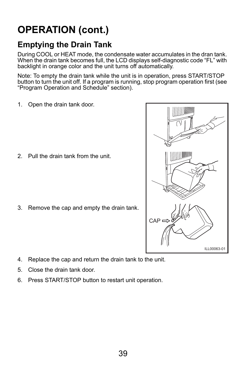 Operation (cont.), Emptying the drain tank | MovinCool Climate Pro 18 User Manual | Page 39 / 52