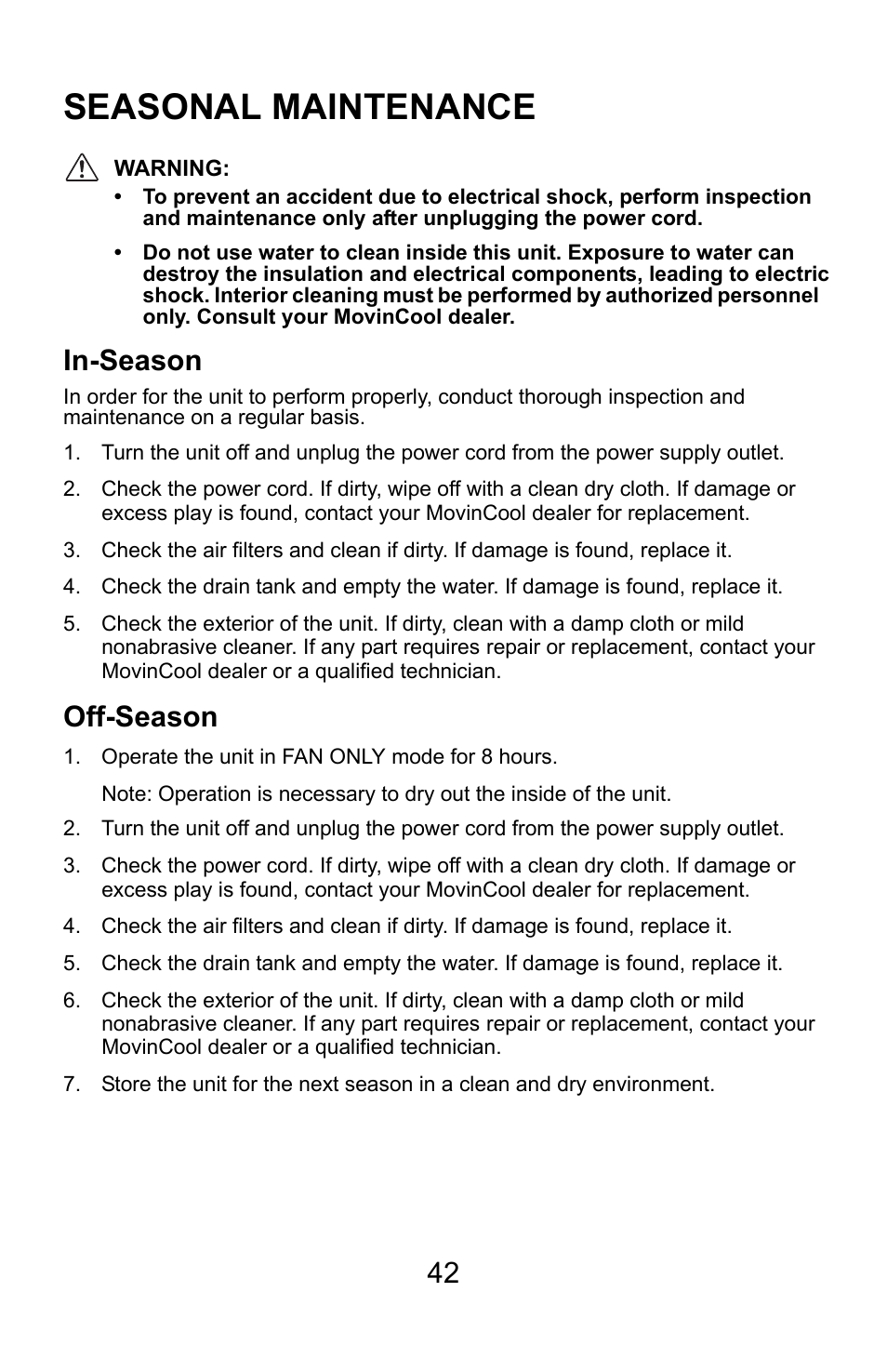 Seasonal maintenance, In-season, Off-season | MovinCool Climate Pro 18 User Manual | Page 42 / 52