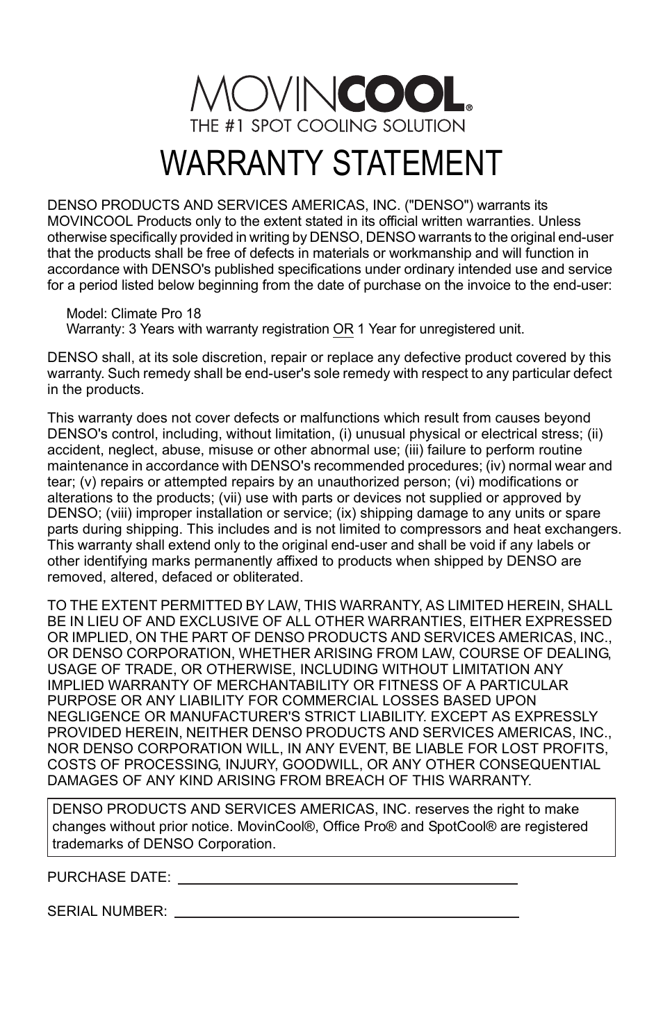 Warranty statement | MovinCool Climate Pro 18 User Manual | Page 48 / 52