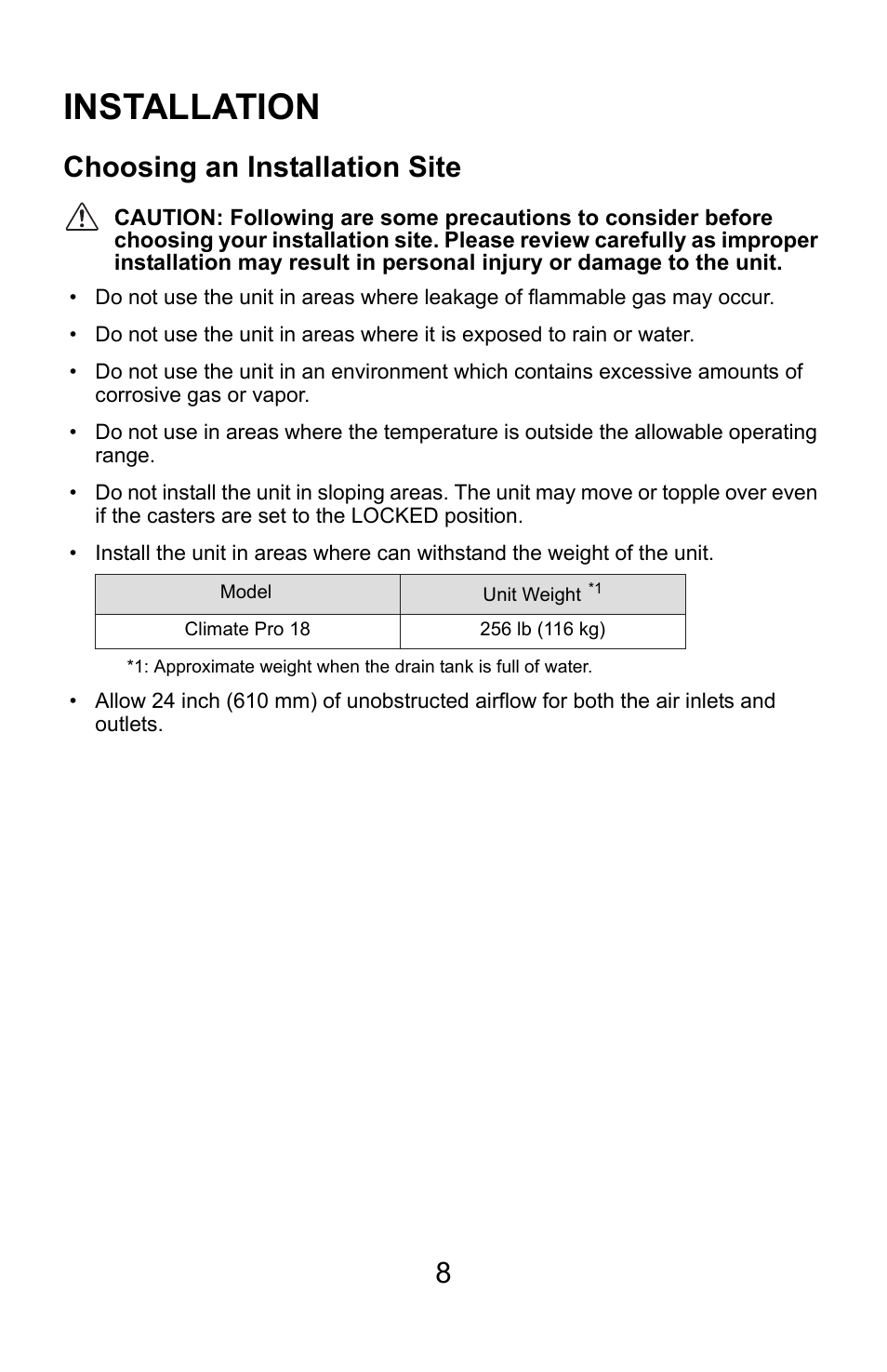 Installation, Choosing an installation site | MovinCool Climate Pro 18 User Manual | Page 8 / 52