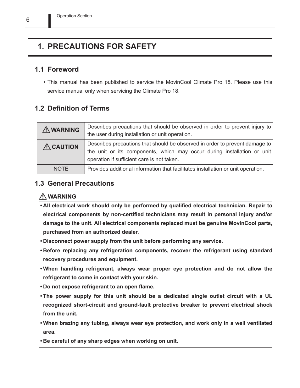 Precautions for safety, 1 foreword, 2 definition of terms | 3 general precautions, Operation section, Foreword, Definition of terms, General precautions | MovinCool Climate Pro 18 Service Manual User Manual | Page 6 / 99