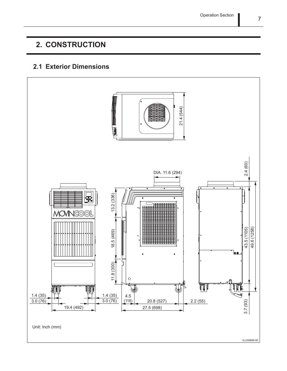 Construction, 1 exterior dimensions, Exterior dimensions | MovinCool Climate Pro 18 Service Manual User Manual | Page 7 / 99
