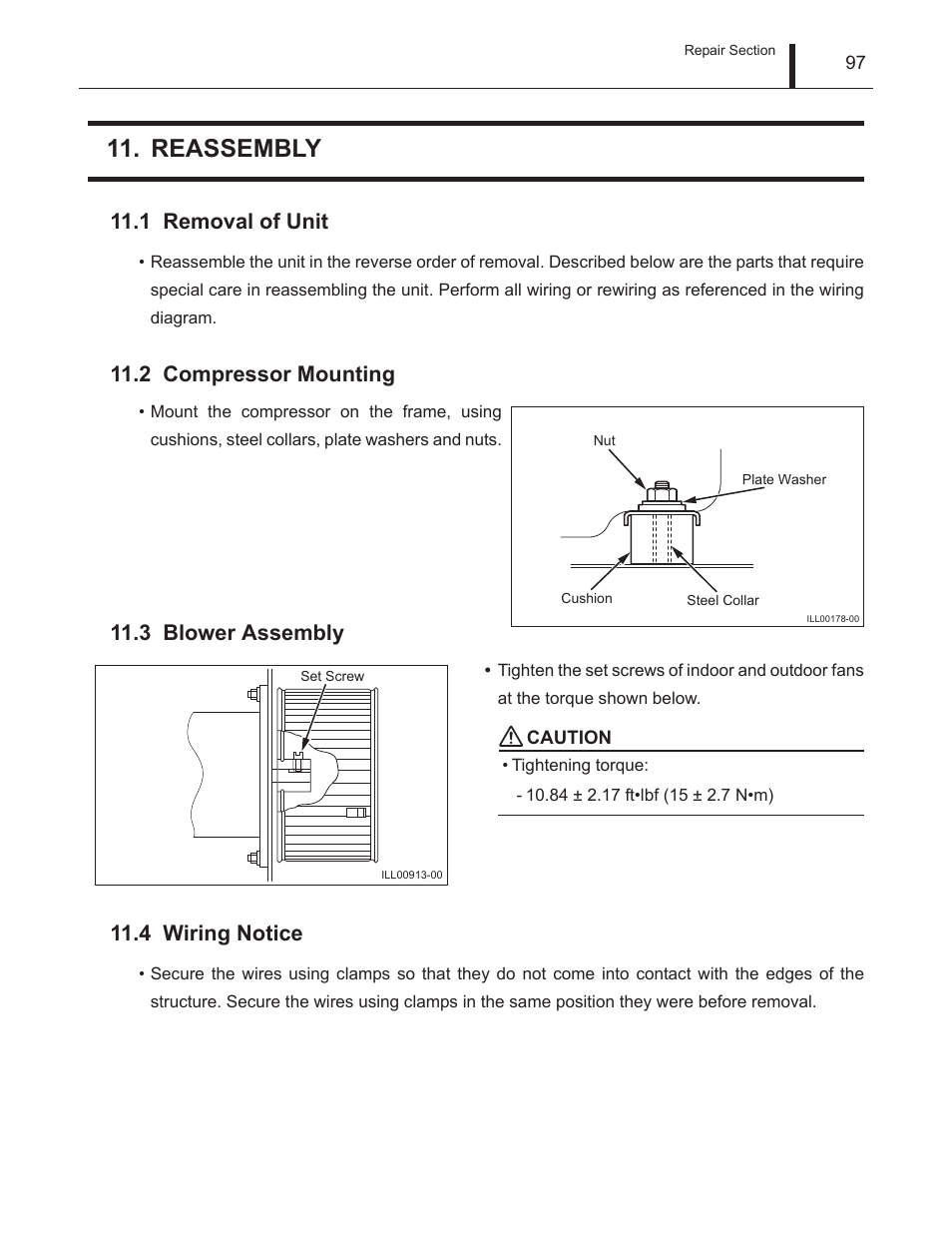 Reassembly, 1 removal of unit, 2 compressor mounting | 3 blower assembly, 4 wiring notice, Removal of unit, Compressor mounting, Blower assembly, Wiring notice | MovinCool Climate Pro 18 Service Manual User Manual | Page 97 / 99