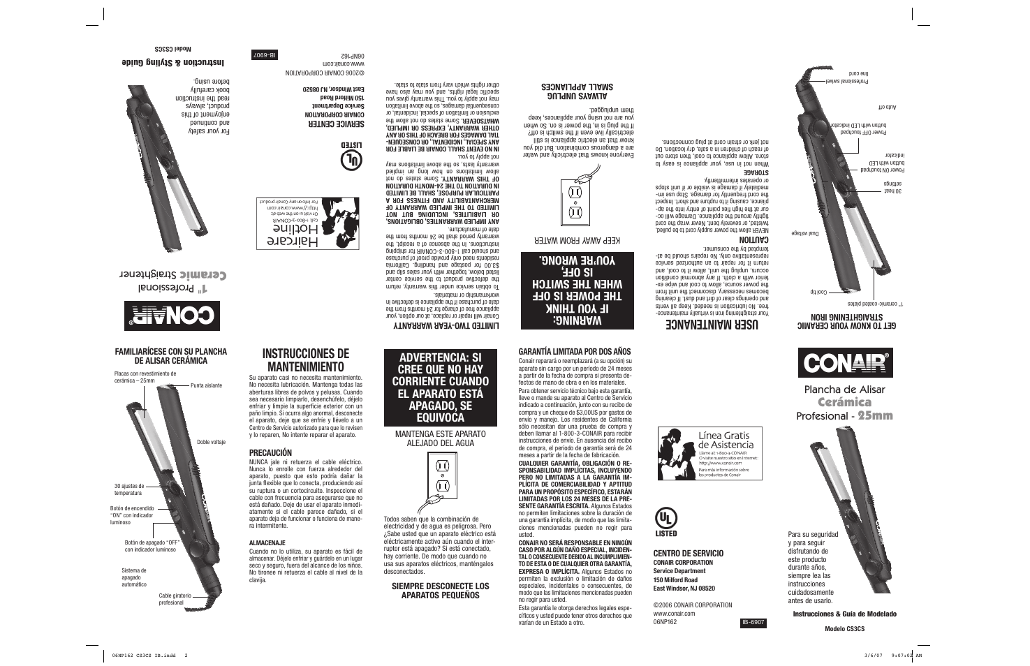 Instrucciones de mantenimiento, User mainten an ce, Cerámica | 25mm, Cera mic, Plancha de alisar, Profesional, Pro fes sio na l, Str aig htener, Garantía limitada por dos años | Conair CS3CS User Manual | Page 2 / 2