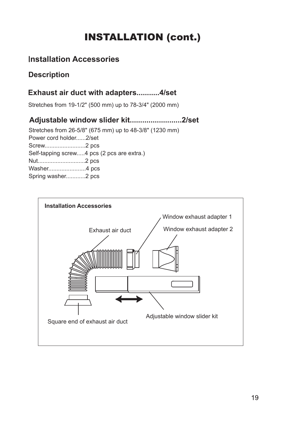 Installation accessories, Installation (cont.), Installation accessories fig. 7 | Description exhaust air duct with adapters /set, Adjustable window slider kit /set | MovinCool PC7 User Manual | Page 19 / 22