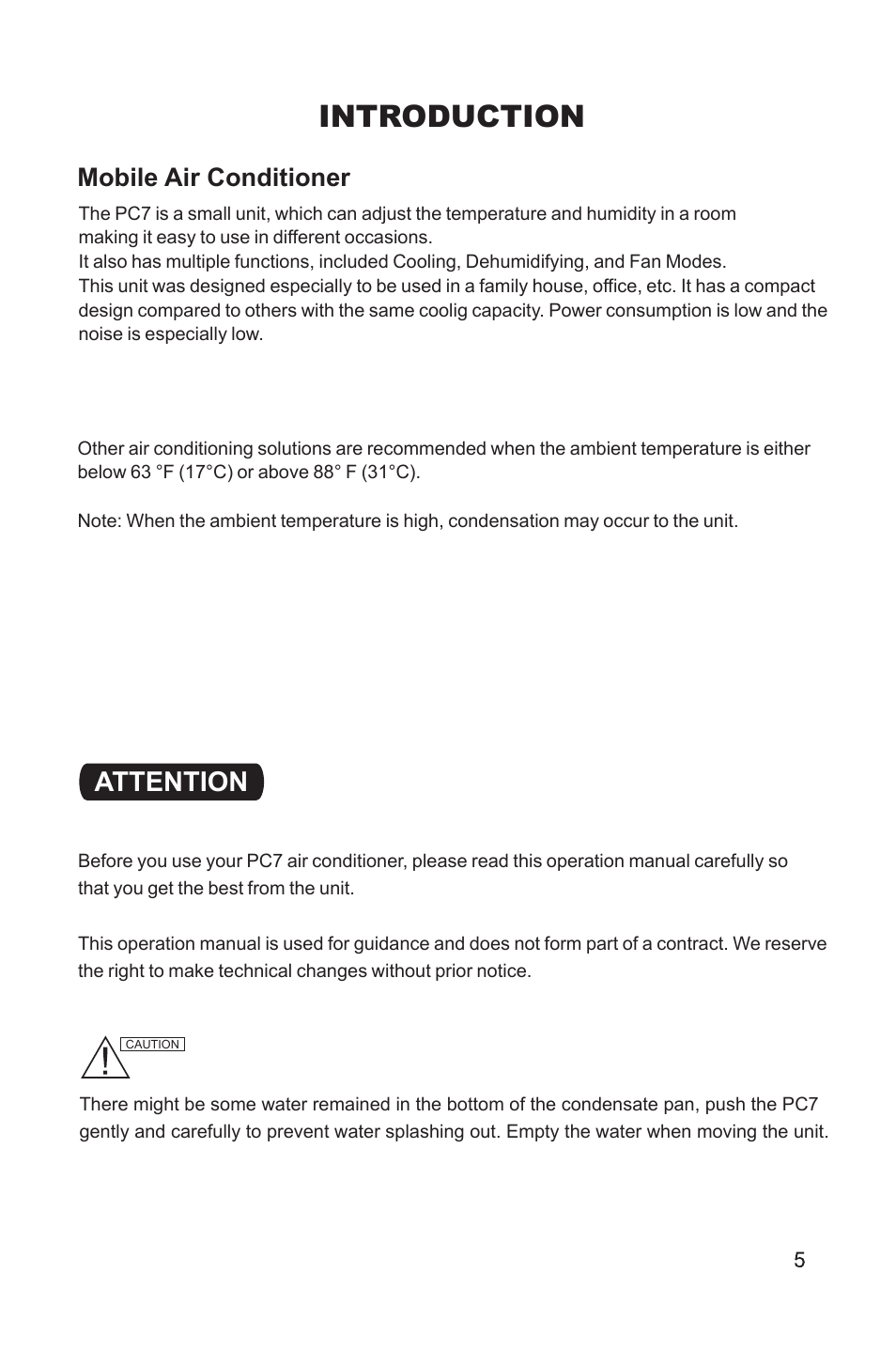 Introduction, Mobile air conditioner, Attention | MovinCool PC7 User Manual | Page 5 / 22