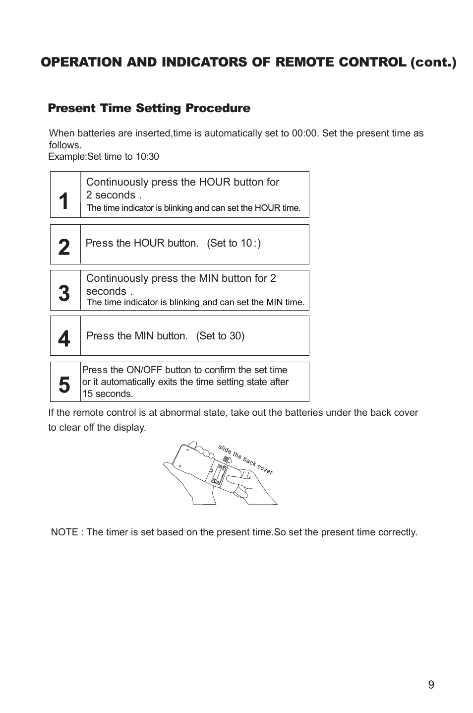 Present time setting procedure, Operation and indicators of remote control (cont.) | MovinCool PC7 User Manual | Page 9 / 22