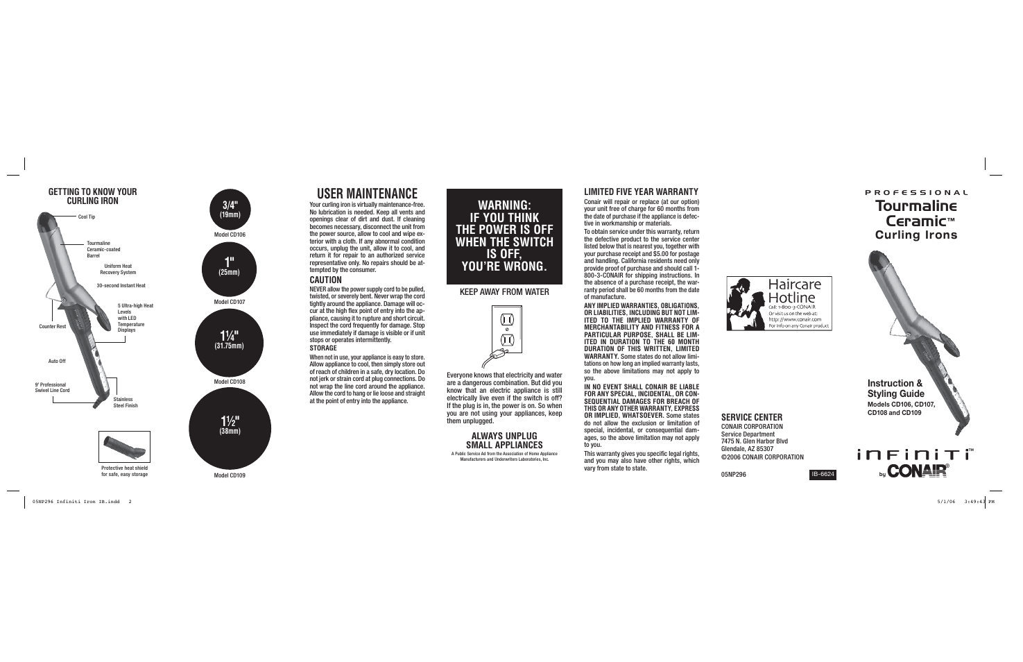 Tourmaline ceramic, User maintenance, Curling irons | Instruction & styling guide | Conair Curling Iro User Manual | Page 2 / 2