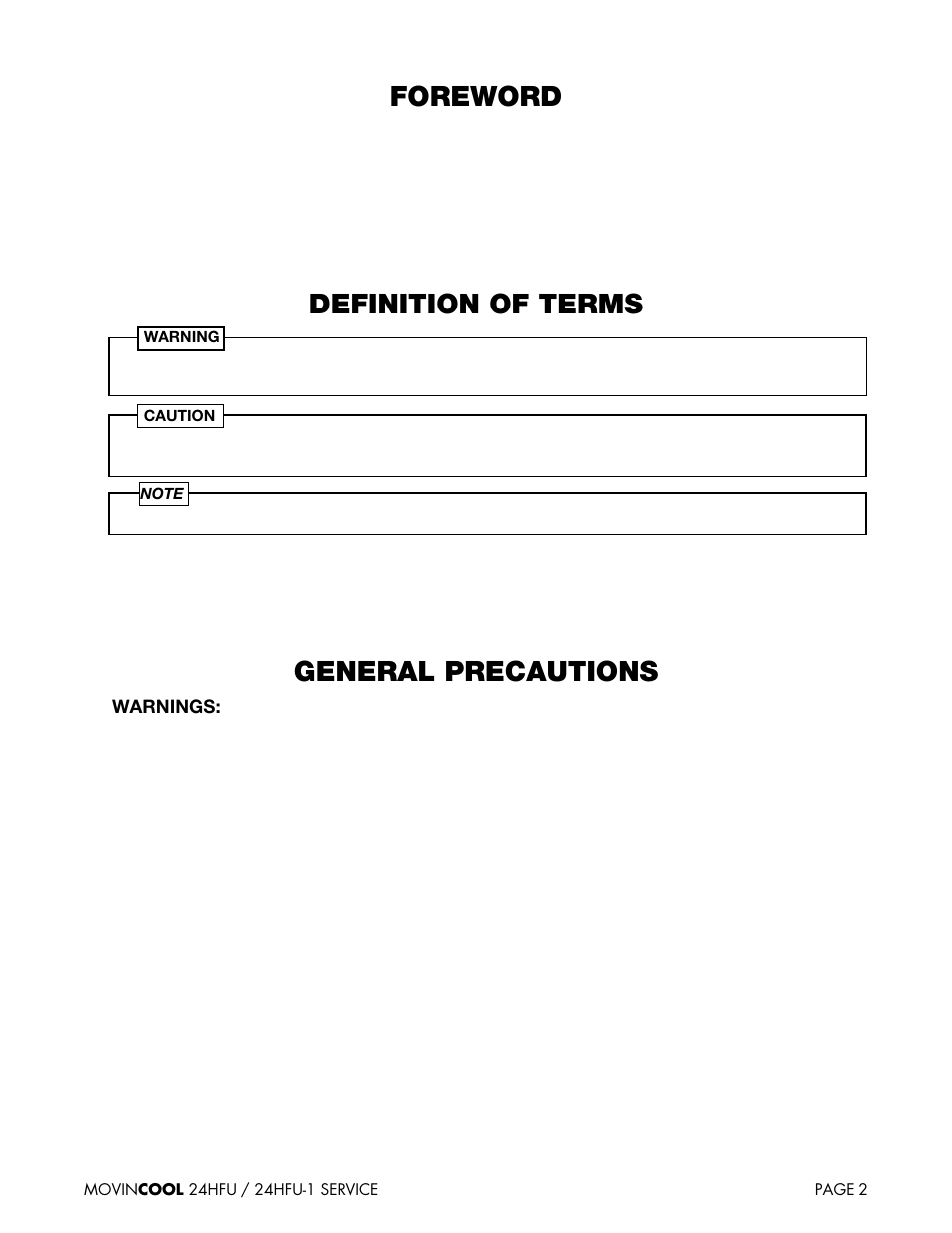 Foreword, Definition of terms, General precautions | MovinCool 24HFU Service Manual User Manual | Page 2 / 48