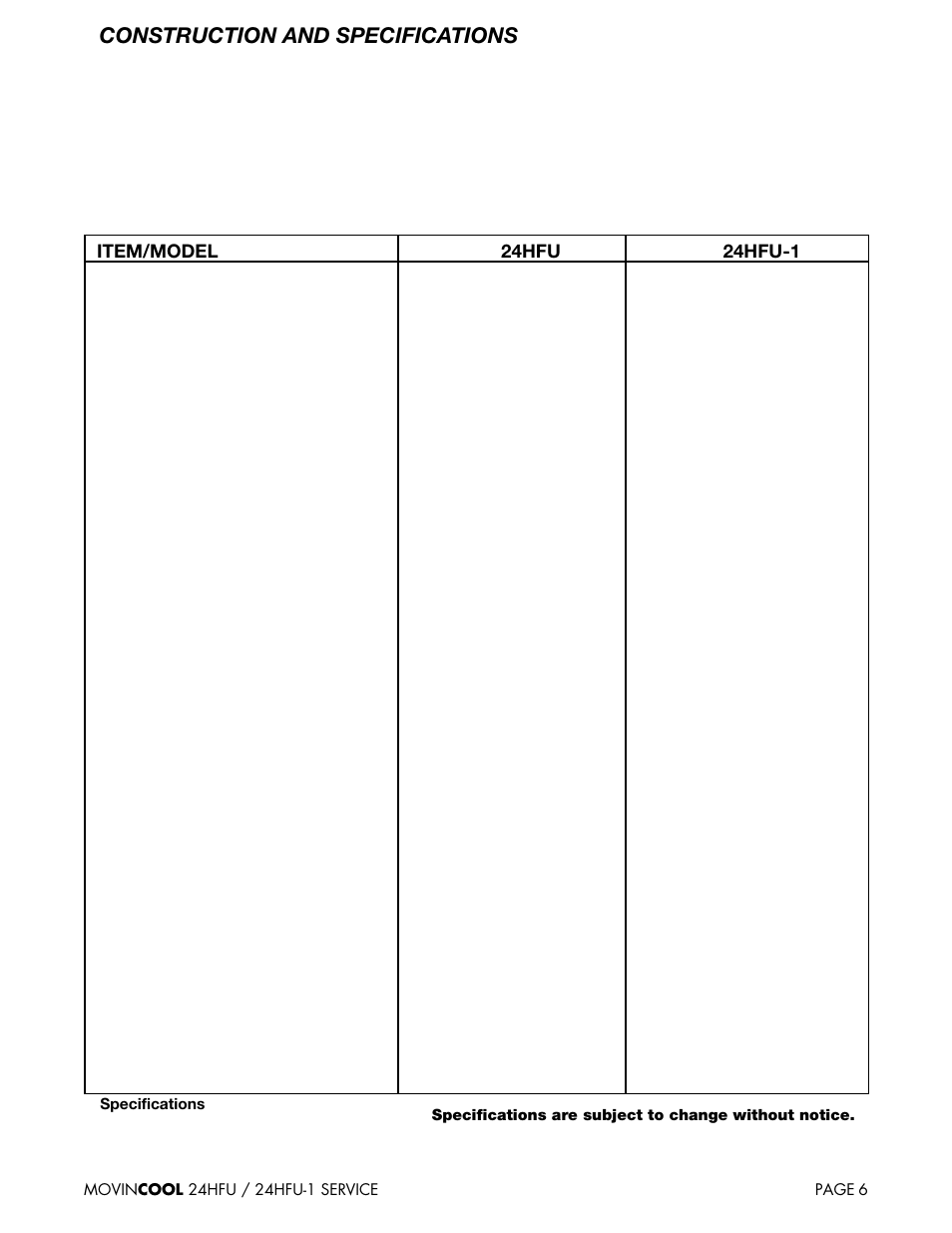 Construction and specifications | MovinCool 24HFU Service Manual User Manual | Page 6 / 48