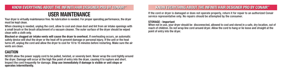 User maintenance, Caution | Conair INFINITI 224 User Manual | Page 14 / 30