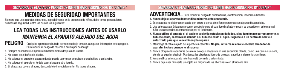 Medidas de seguridad importantes, Advertencia | Conair INFINITI 224 User Manual | Page 17 / 30