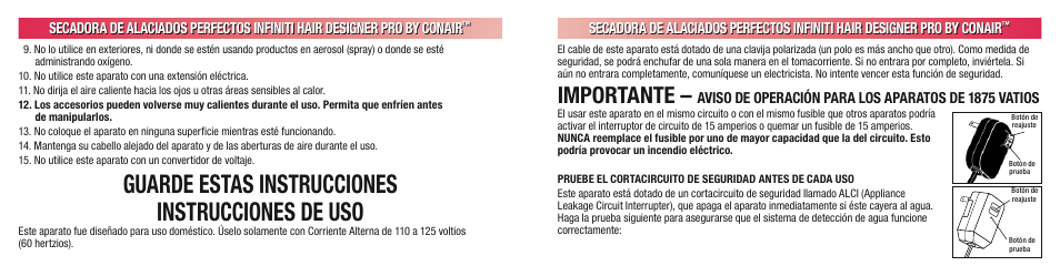 Guarde estas instrucciones instrucciones de uso, Importante | Conair INFINITI 224 User Manual | Page 18 / 30