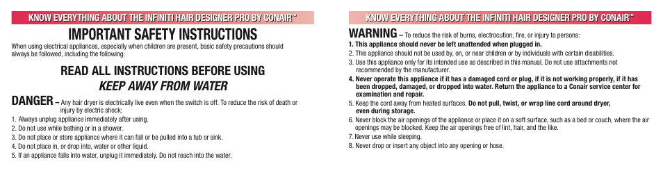 Important safety instructions, Warning | Conair INFINITI 224 User Manual | Page 2 / 30