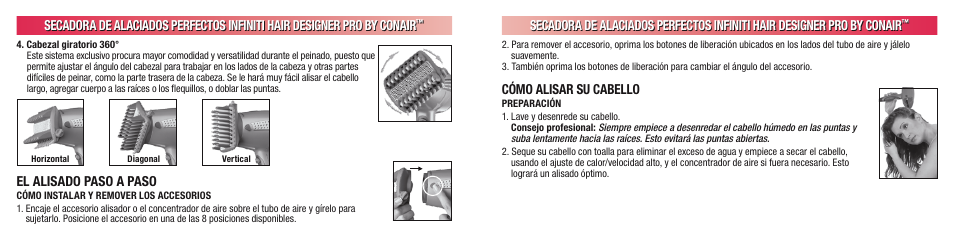 El alisado paso a paso, Cómo alisar su cabello | Conair INFINITI 224 User Manual | Page 23 / 30