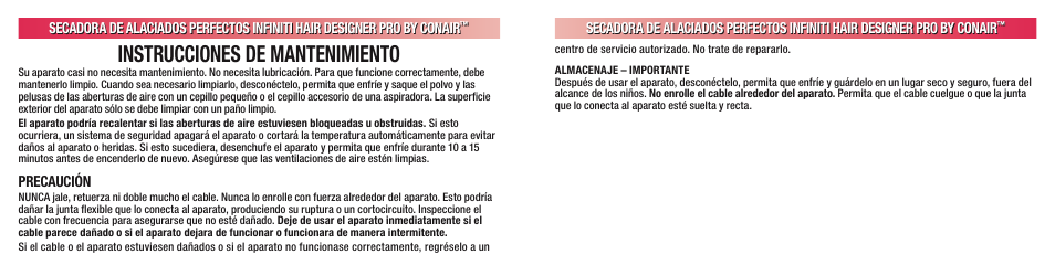 Instrucciones de mantenimiento, Precaución | Conair INFINITI 224 User Manual | Page 29 / 30