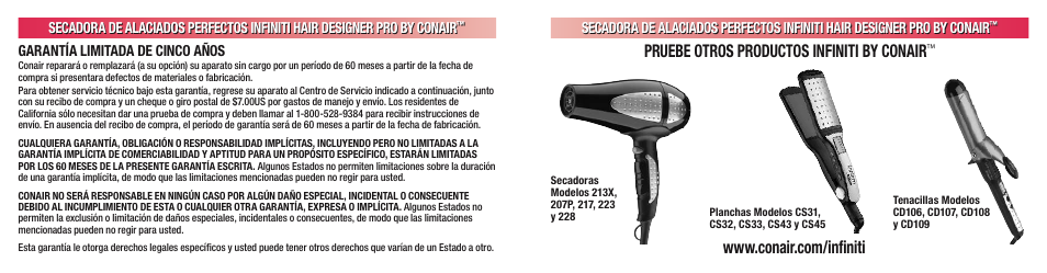 Pruebe otros productos infiniti by conair, Garantía limitada de cinco años | Conair INFINITI 224 User Manual | Page 30 / 30