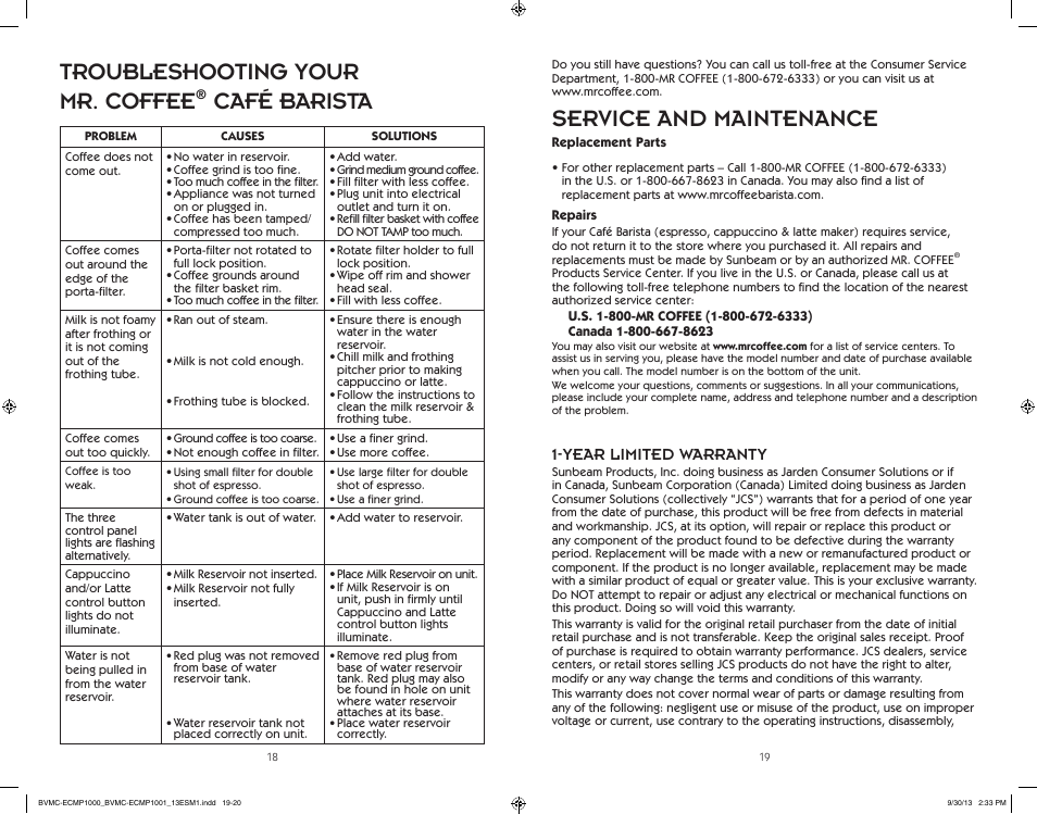 Service and maintenance, Troubleshooting your mr. coffee, Café barista | Year limited warranty | Mr. Coffee BVMC-ECMP1000 Series Café Barista User Manual | Page 10 / 20