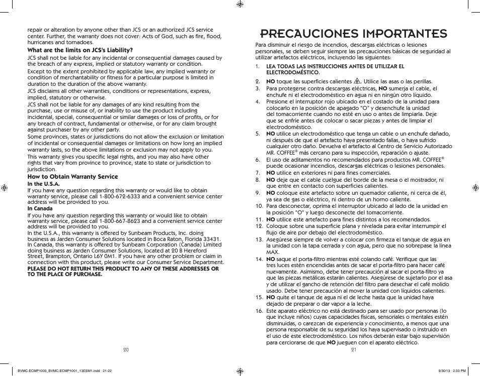 Precauciones importantes | Mr. Coffee BVMC-ECMP1000 Series Café Barista User Manual | Page 11 / 20