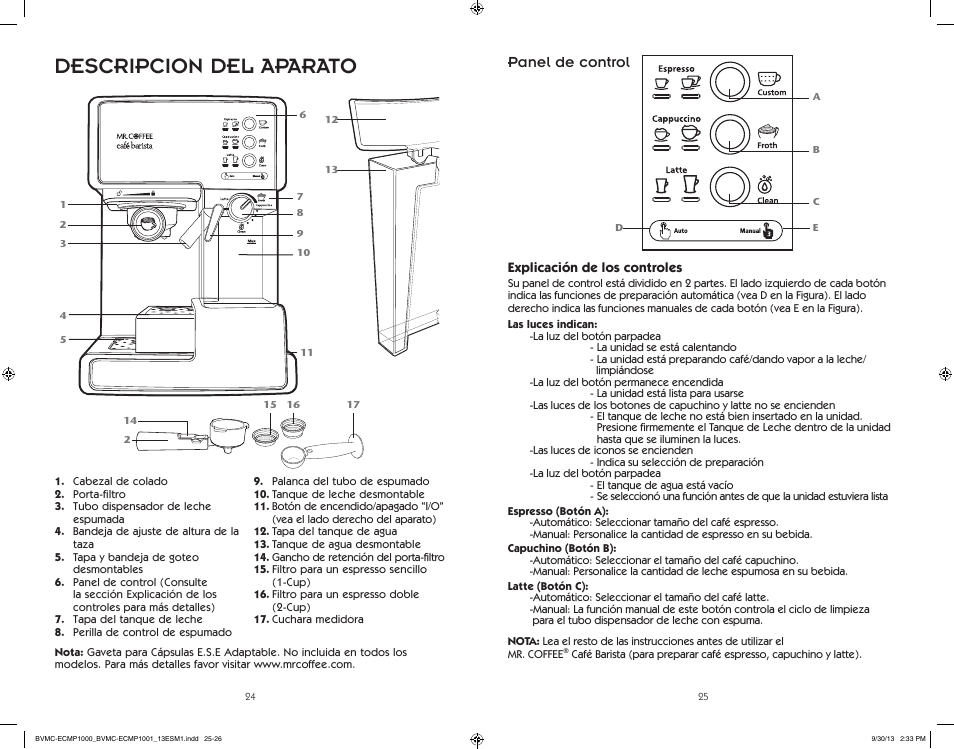 Descripcion del aparato, Panel de control | Mr. Coffee BVMC-ECMP1000 Series Café Barista User Manual | Page 13 / 20