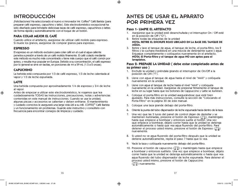 Introducción, Antes de usar el aparato por primera vez | Mr. Coffee BVMC-ECMP1000 Series Café Barista User Manual | Page 14 / 20
