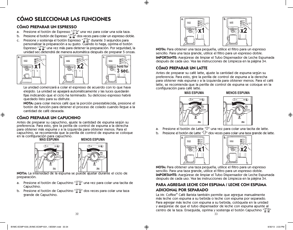 Cómo seleccionar las funciones, 3 sec | Mr. Coffee BVMC-ECMP1000 Series Café Barista User Manual | Page 17 / 20