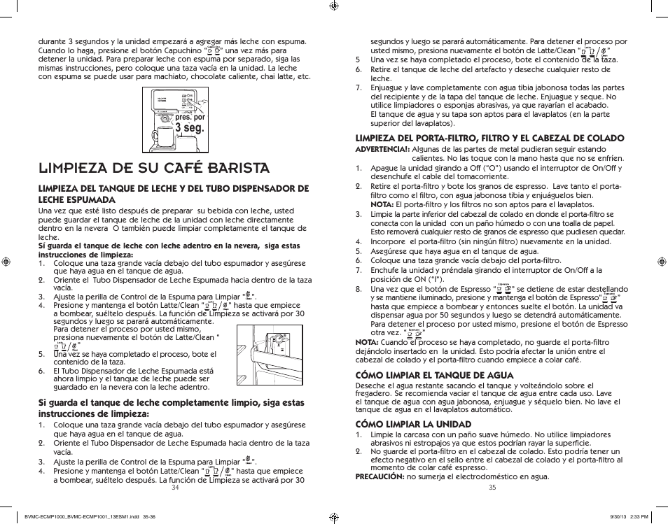 Limpieza de su café barista, 3 seg | Mr. Coffee BVMC-ECMP1000 Series Café Barista User Manual | Page 18 / 20