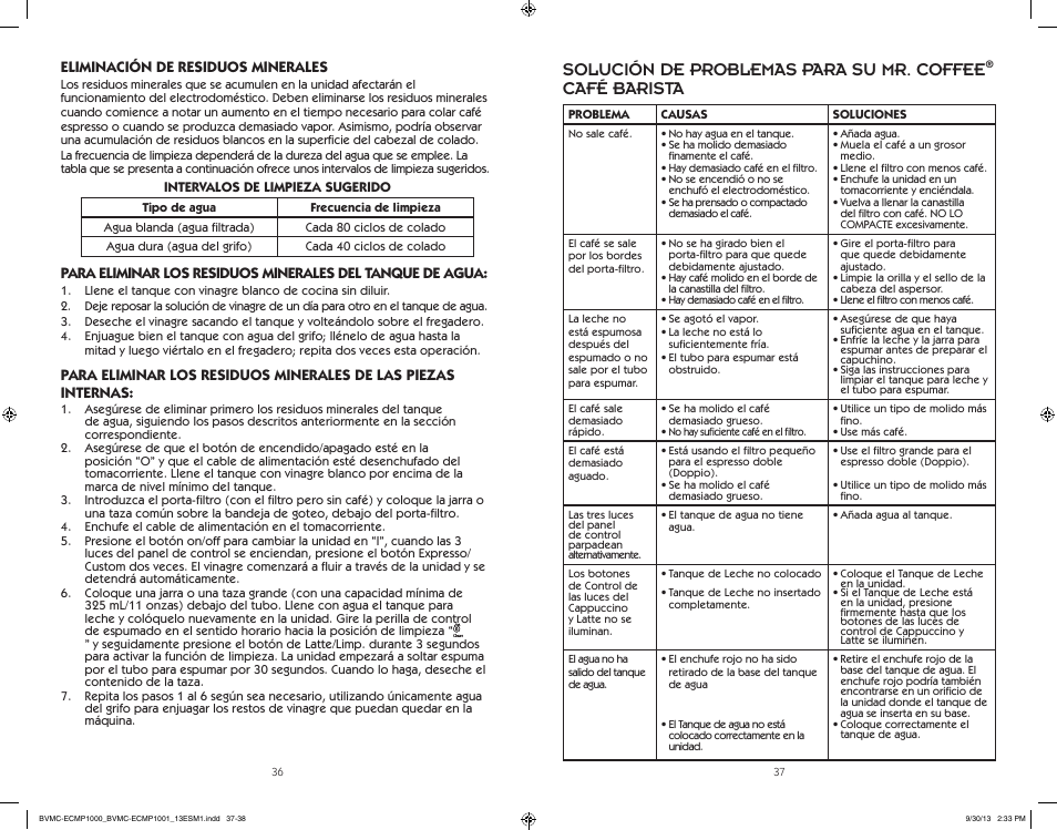 Solución de problemas para su mr. coffee, Café barista | Mr. Coffee BVMC-ECMP1000 Series Café Barista User Manual | Page 19 / 20