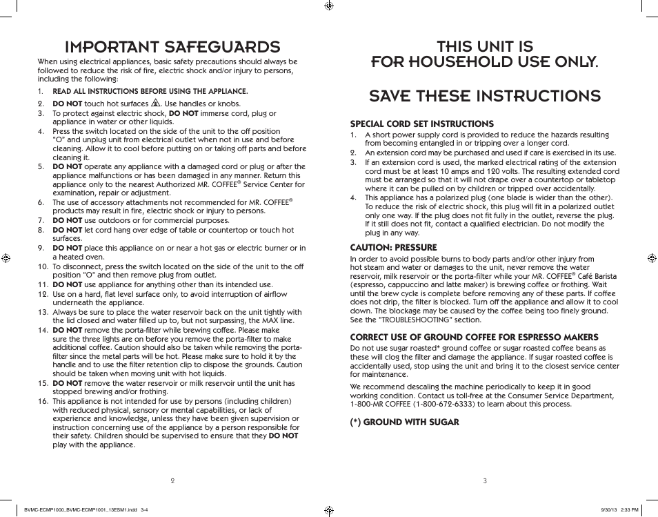 Important safeguards, Save these instructions, This unit is for household use only | Mr. Coffee BVMC-ECMP1000 Series Café Barista User Manual | Page 2 / 20