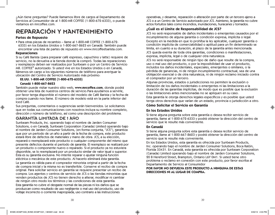 Reparación y mantenimiento, Garantía limitada de 1 año | Mr. Coffee BVMC-ECMP1000 Series Café Barista User Manual | Page 20 / 20