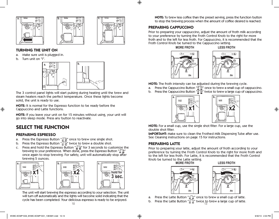 Select the function, 3 sec | Mr. Coffee BVMC-ECMP1000 Series Café Barista User Manual | Page 7 / 20