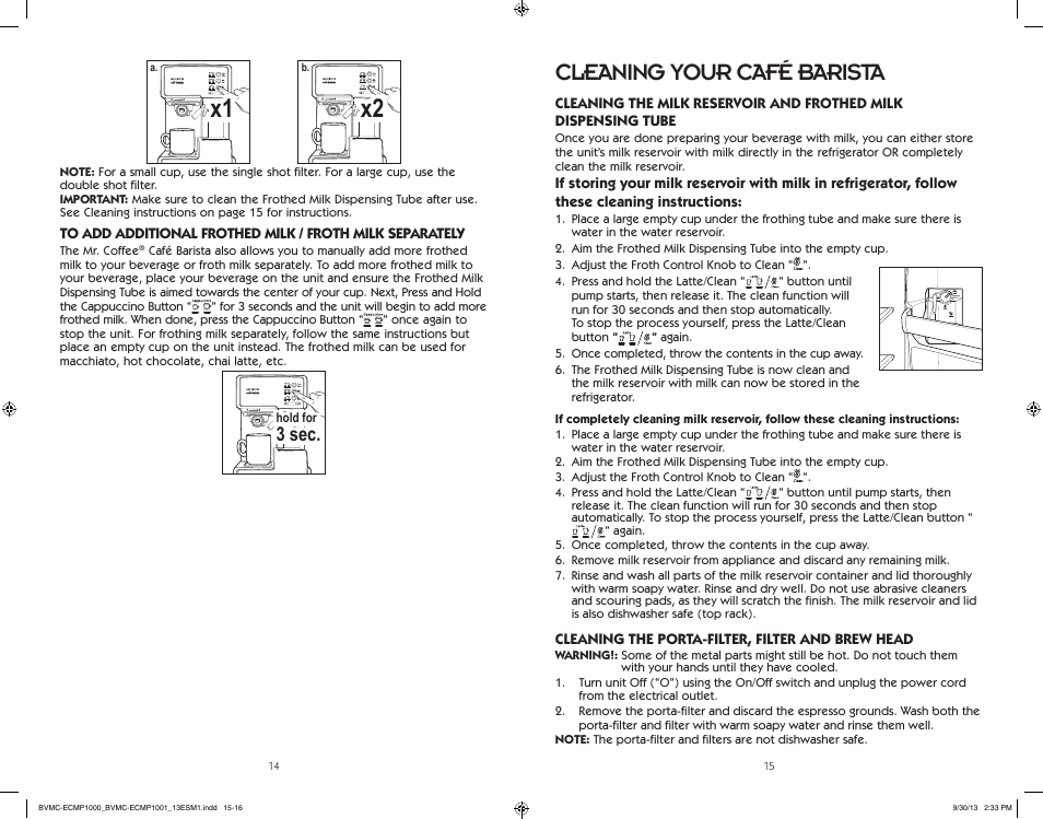 Cleaning your café barista, 3 sec | Mr. Coffee BVMC-ECMP1000 Series Café Barista User Manual | Page 8 / 20