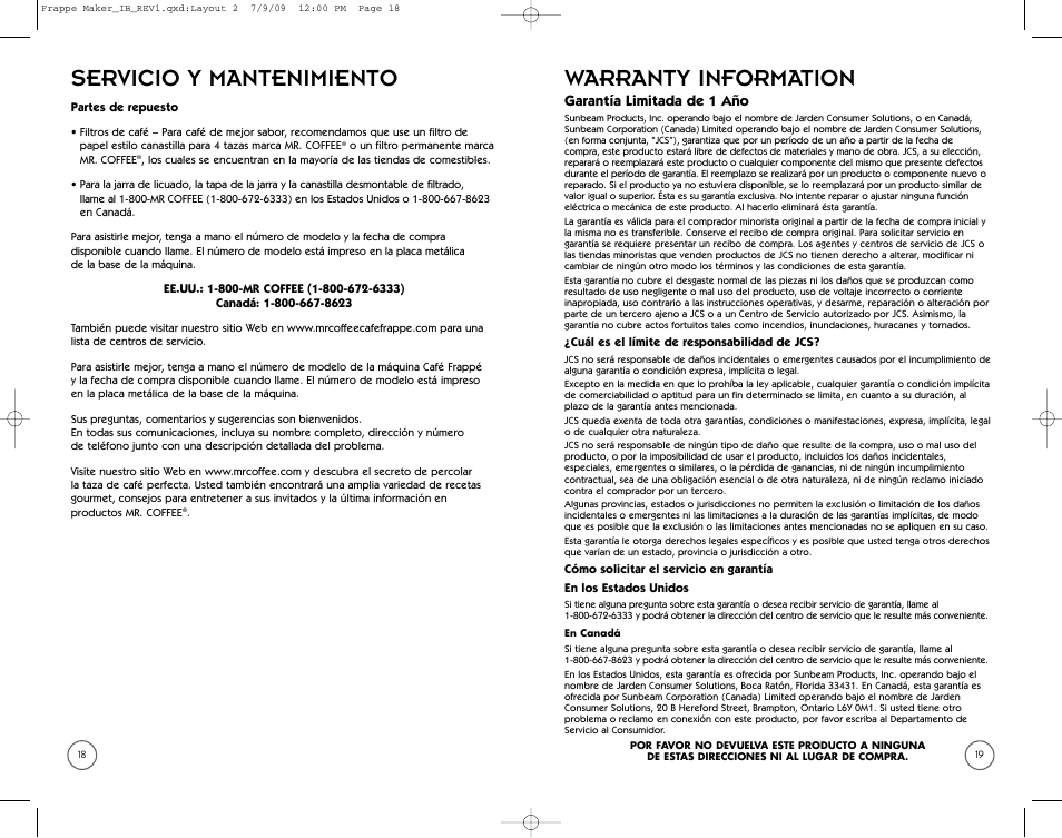 Servicio y mantenimiento, Warranty information | Mr. Coffee BVMC-FM1 User Manual | Page 10 / 10