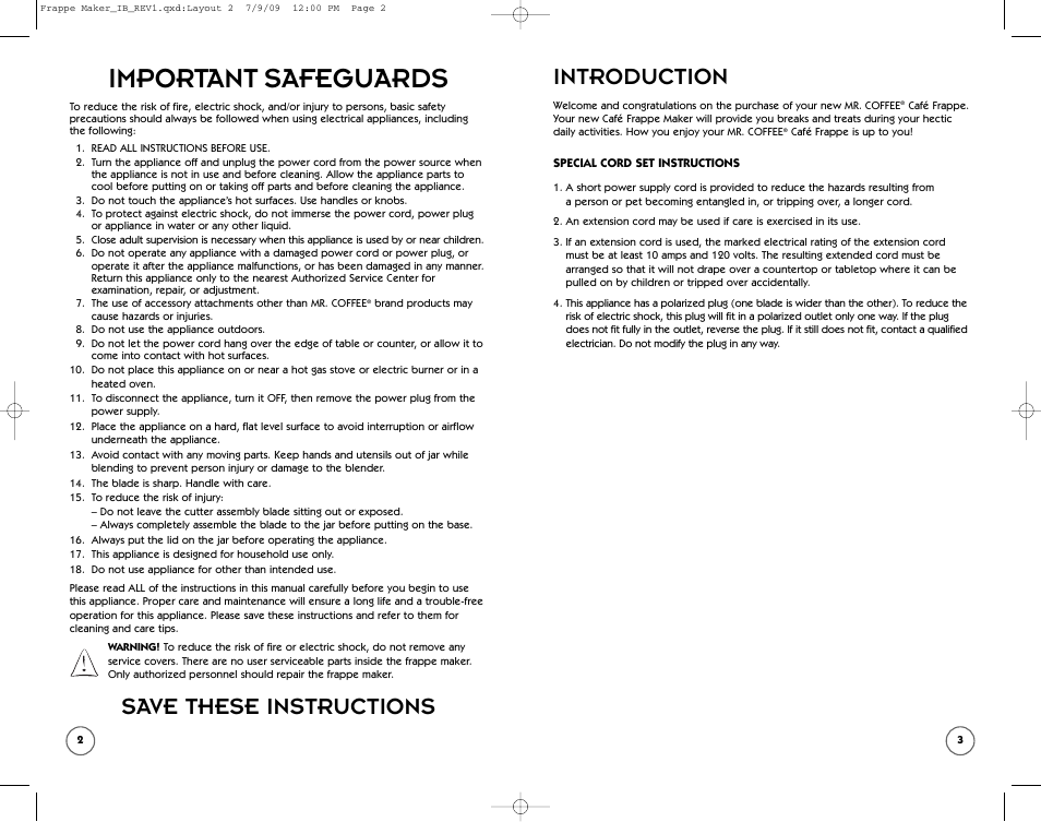 Important safeguards, Introduction, Save these instructions | Mr. Coffee BVMC-FM1 User Manual | Page 2 / 10