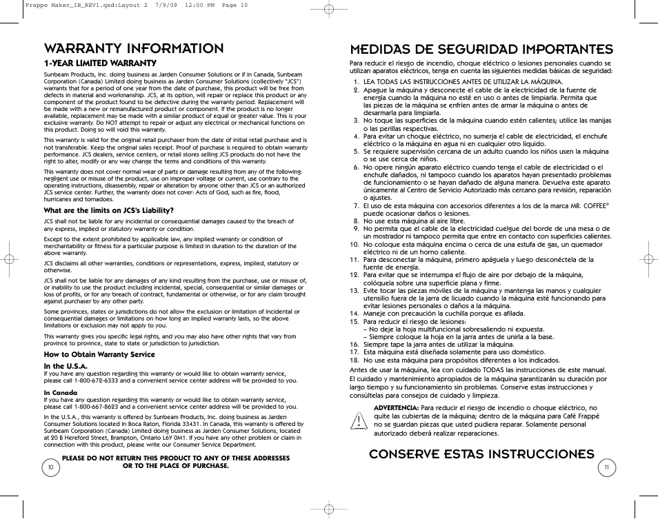 Warranty information, Medidas de seguridad importantes, Conserve estas instrucciones | Mr. Coffee BVMC-FM1 User Manual | Page 6 / 10