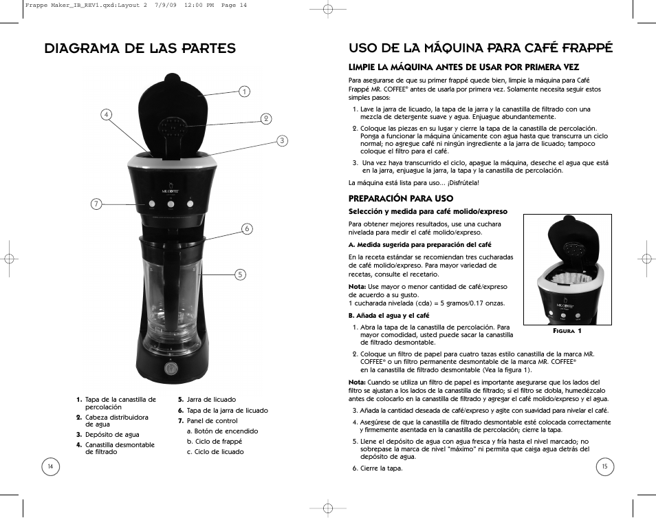 Diagrama de las partes, Uso de la máquina para café frappé | Mr. Coffee BVMC-FM1 User Manual | Page 8 / 10