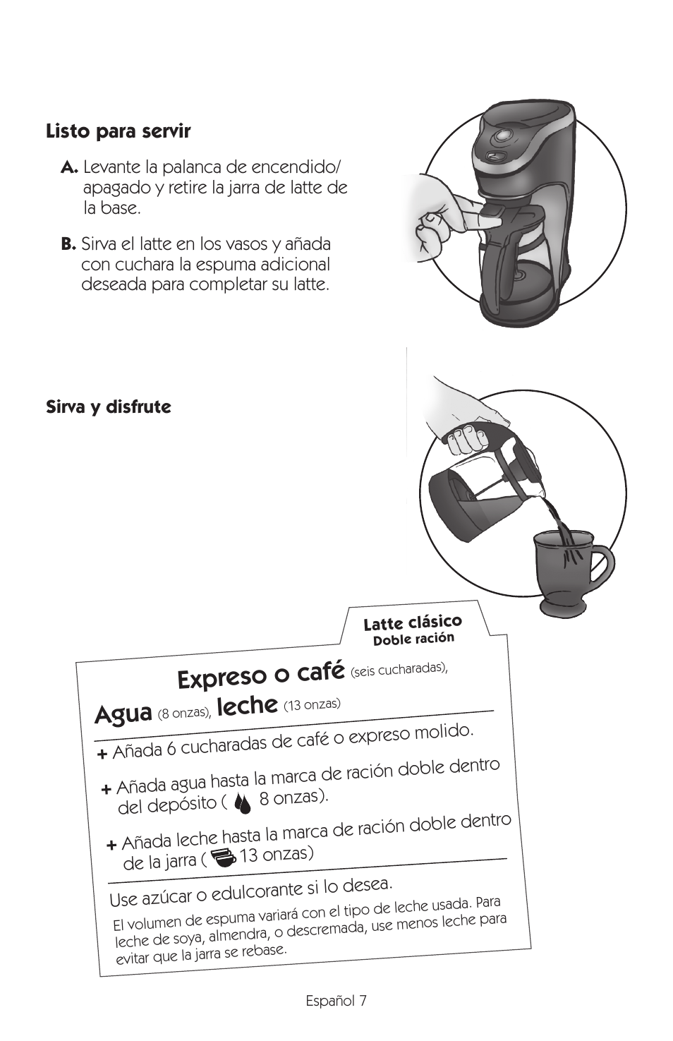 Expreso o café, Agua, Leche | Mr. Coffee BVMC-EL1 User Manual | Page 24 / 32