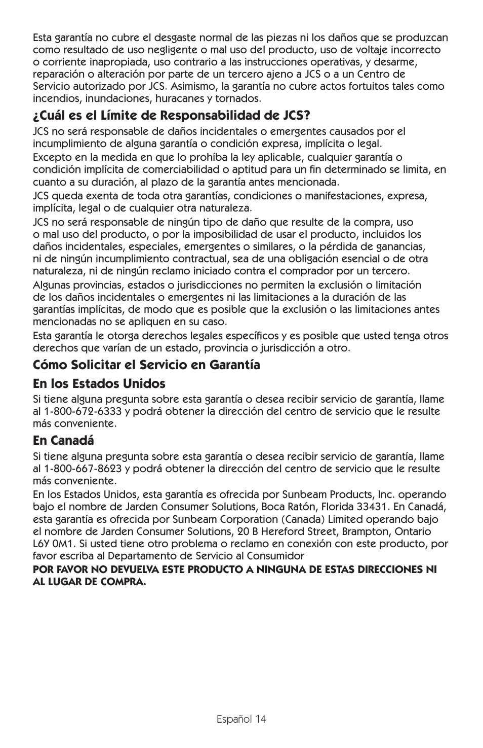 Cuál es el límite de responsabilidad de jcs, En canadá | Mr. Coffee BVMC-EL1 User Manual | Page 31 / 32