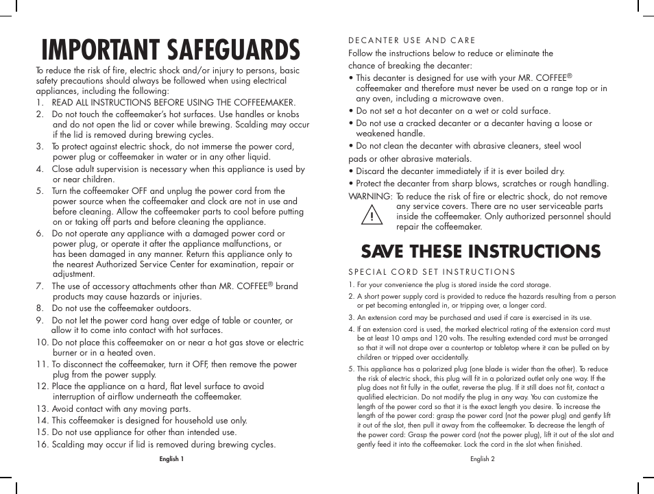 Important safeguards, Save these instructions | Mr. Coffee JW Series User Manual | Page 2 / 12